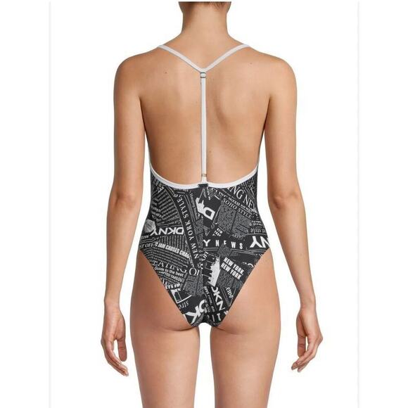 NWT DKNY Newsprint Graphic T-Back One-Piece Swimsuit Black/White Women's Large - Picture 2 of 7